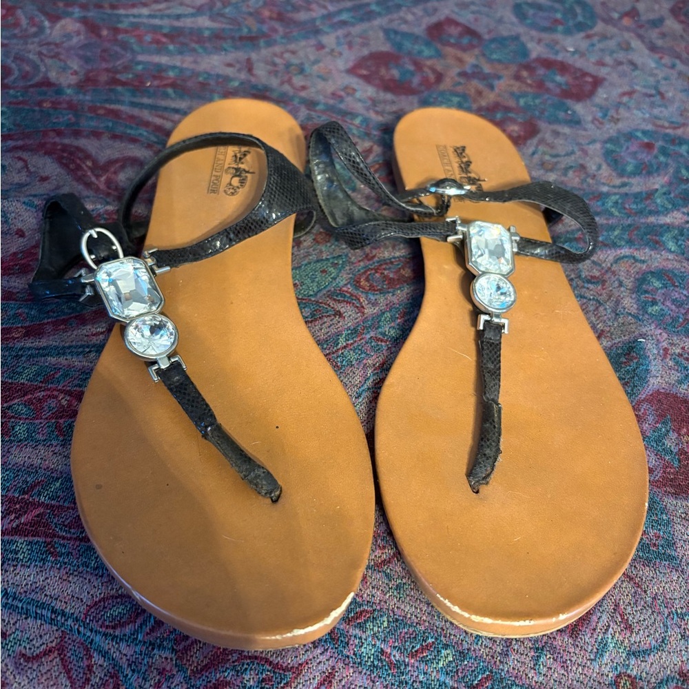 Coach and Four Black and Tan Sandals with T-Strap Design